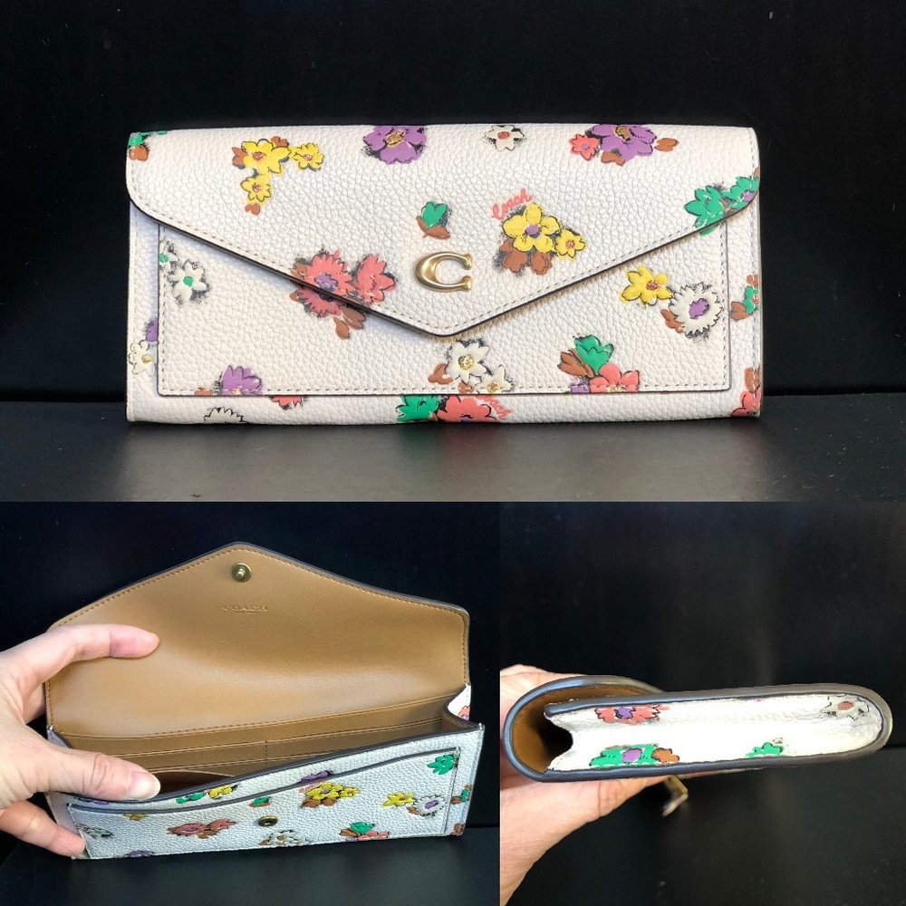 NEW Coach Pebble Leather Wallet With Zip Coin Pocket Floral Print Brass Chalk